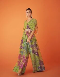 Green Printed Organza Waist Embellished Jumpsuit