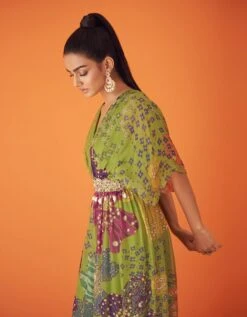 Green Printed Organza Waist Embellished Jumpsuit -Charmers Shop br027gb
