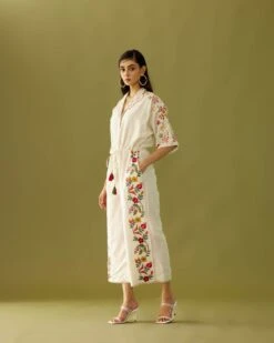 Ivory Chanderi Applique And Beadwork Jumpsuit -Charmers Shop cfs22js012