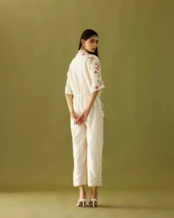 Ivory Chanderi Applique And Beadwork Jumpsuit -Charmers Shop cfs22js014