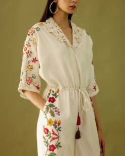 Ivory Chanderi Applique And Beadwork Jumpsuit -Charmers Shop cfs22js01b