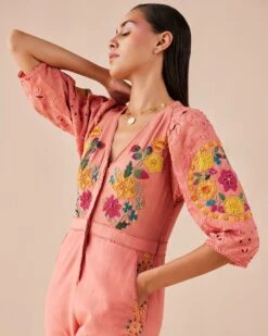 Blush Floral Applique And Cutwork Jumpsuit -Charmers Shop cfw22js192