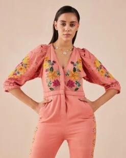 Blush Floral Applique And Cutwork Jumpsuit -Charmers Shop cfw22js193