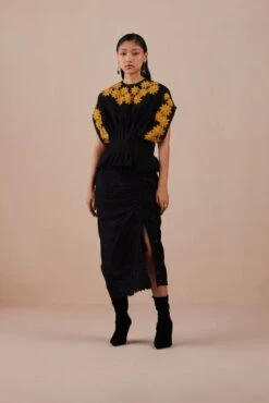 Black Sunflower Applique Pleated Top