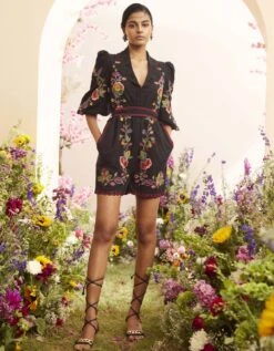 Black Threadwork And Beadwork Playsuit