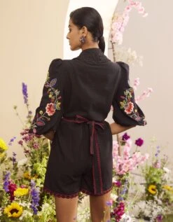 Black Threadwork And Beadwork Playsuit -Charmers Shop css23js18b
