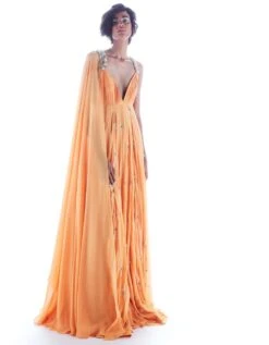 Orange Flared Cape Sleeve Gown