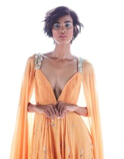 Orange Flared Cape Sleeve Gown -Charmers Shop dp190412b