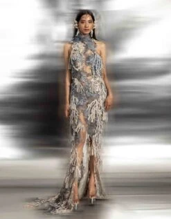 Fluid Aqua Turtle Neck Backless Gown With 3D Laser Cut