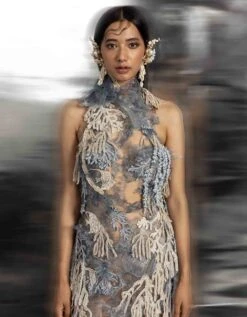 Fluid Aqua Turtle Neck Backless Gown With 3D Laser Cut -Charmers Shop dr074