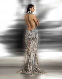 Fluid Aqua Turtle Neck Backless Gown With 3D Laser Cut -Charmers Shop dr07b 1