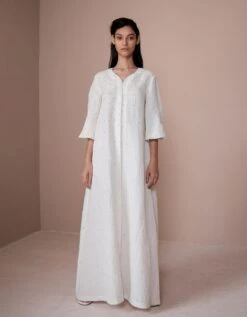 Hand Embroidered Button Drown Long Dress In Ivory