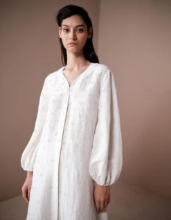 Hand Embroidered Button Drown Long Dress In Ivory -Charmers Shop dr17233 1