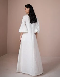 Hand Embroidered Button Drown Long Dress In Ivory -Charmers Shop dr1723b 1