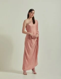 Amber Peach One Shoulder Mirror Work Embellished Dress -Charmers Shop fw231953