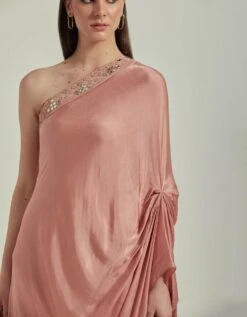 Amber Peach One Shoulder Mirror Work Embellished Dress -Charmers Shop fw231954
