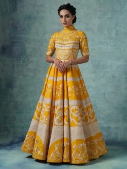 High Neck, Floor Length Cotton Silk Flair Gown