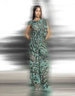 Coastal Reef Printed Pleated Fluid Wave Draped Georgette Top With Exaggerated Neck