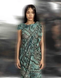 Coastal Reef Printed Pleated Fluid Wave Draped Georgette Top With Exaggerated Neck -Charmers Shop hdr023 1