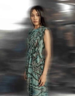 Coastal Reef Printed Pleated Fluid Wave Draped Georgette Top With Exaggerated Neck -Charmers Shop hdr024