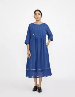 Midi U-Yoke Dress In Blue Colour