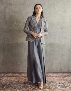 English Grey Embroidered Jacket Paired With A Jumpsuit
