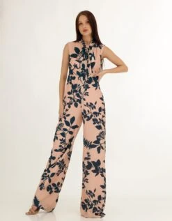 Pink And Teal Floral Bow Tie Jumpsuit