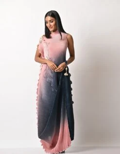 Pink Into Navy Parsi Gada Printed Pleated Drape Dress