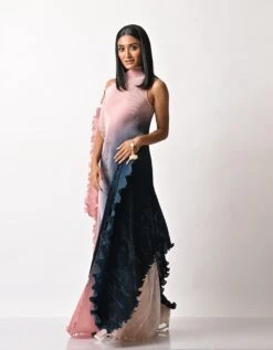 Pink Into Navy Parsi Gada Printed Pleated Drape Dress -Charmers Shop kug08220114