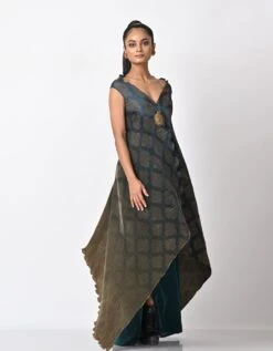 Navy Into Olive Tribal Printed Wrap Dress With Motif Detail