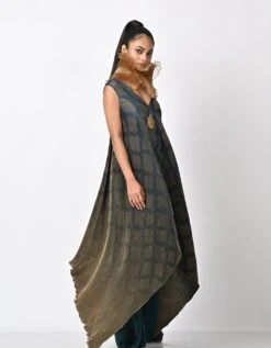 Navy Into Olive Tribal Printed Wrap Dress With Motif Detail -Charmers Shop kug0922003b