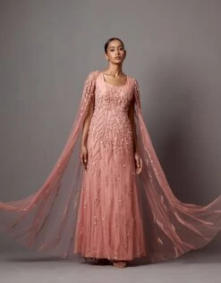 Dust Rose Embellished Cape Gown