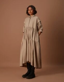 Beige Tiered Shirt Dress