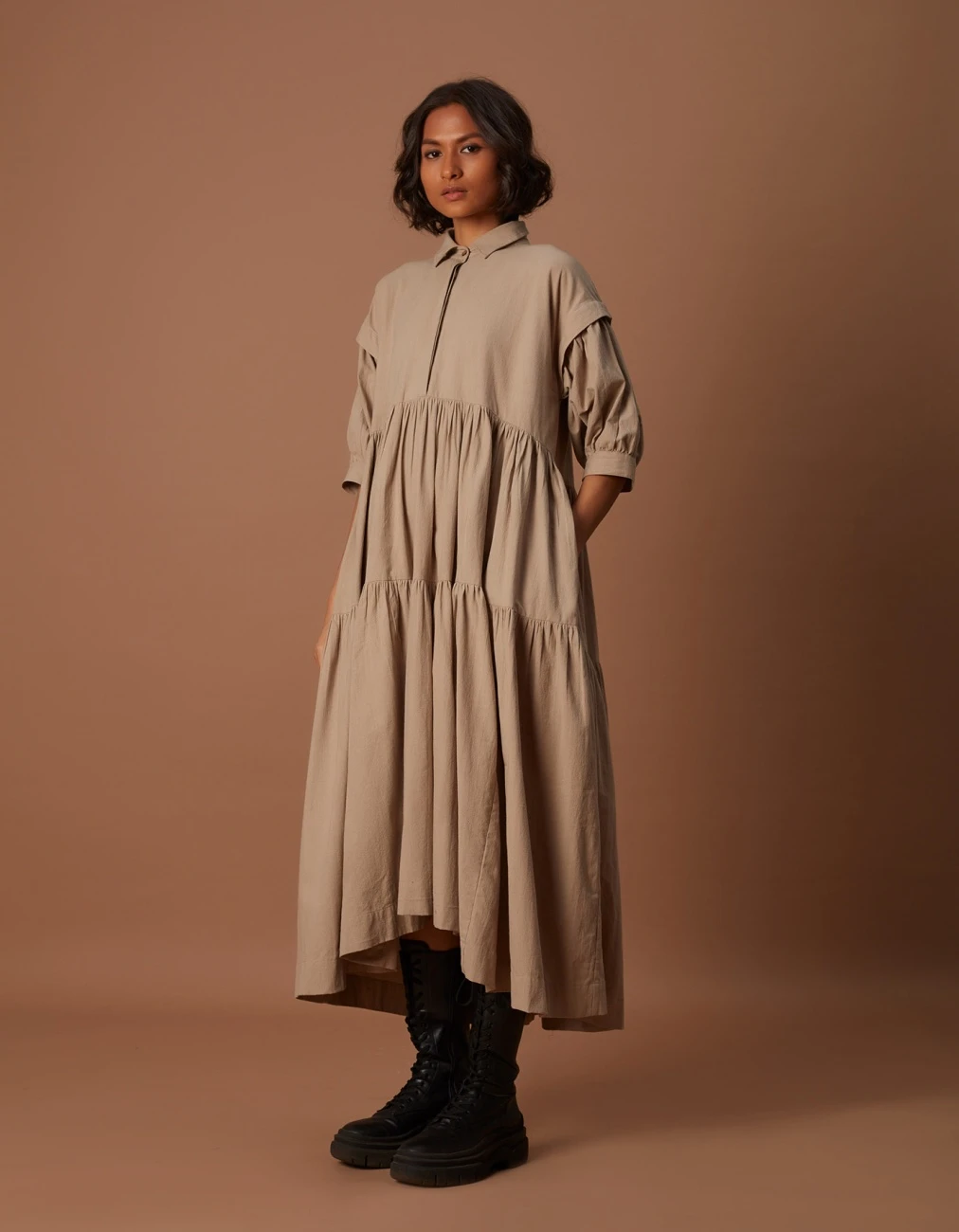 Beige Tiered Shirt Dress 3 Beige Tiered Shirt Dress