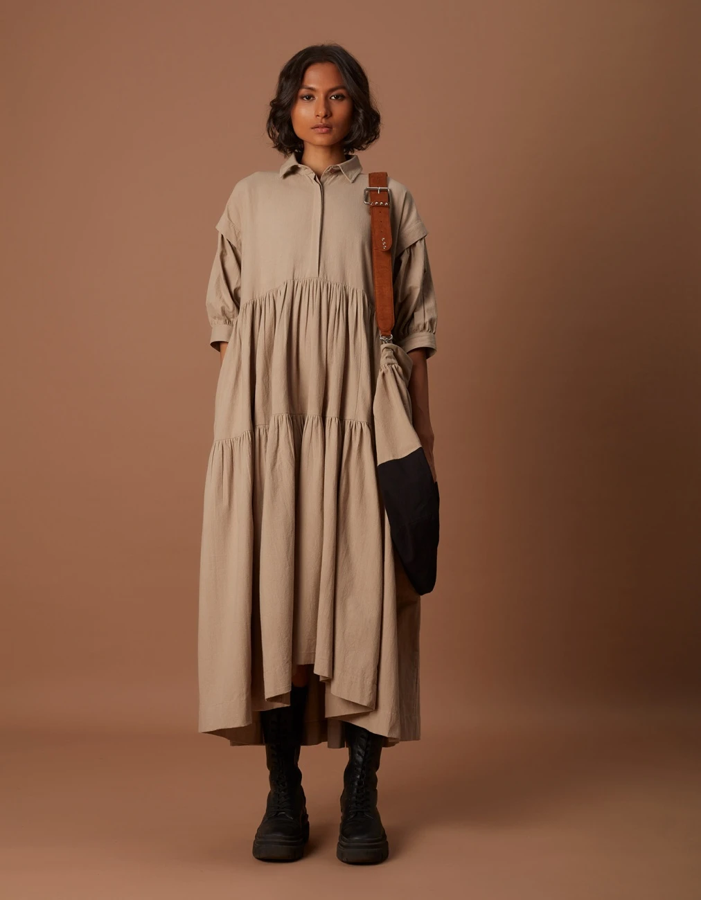 Beige Tiered Shirt Dress 4 Beige Tiered Shirt Dress - Image 2