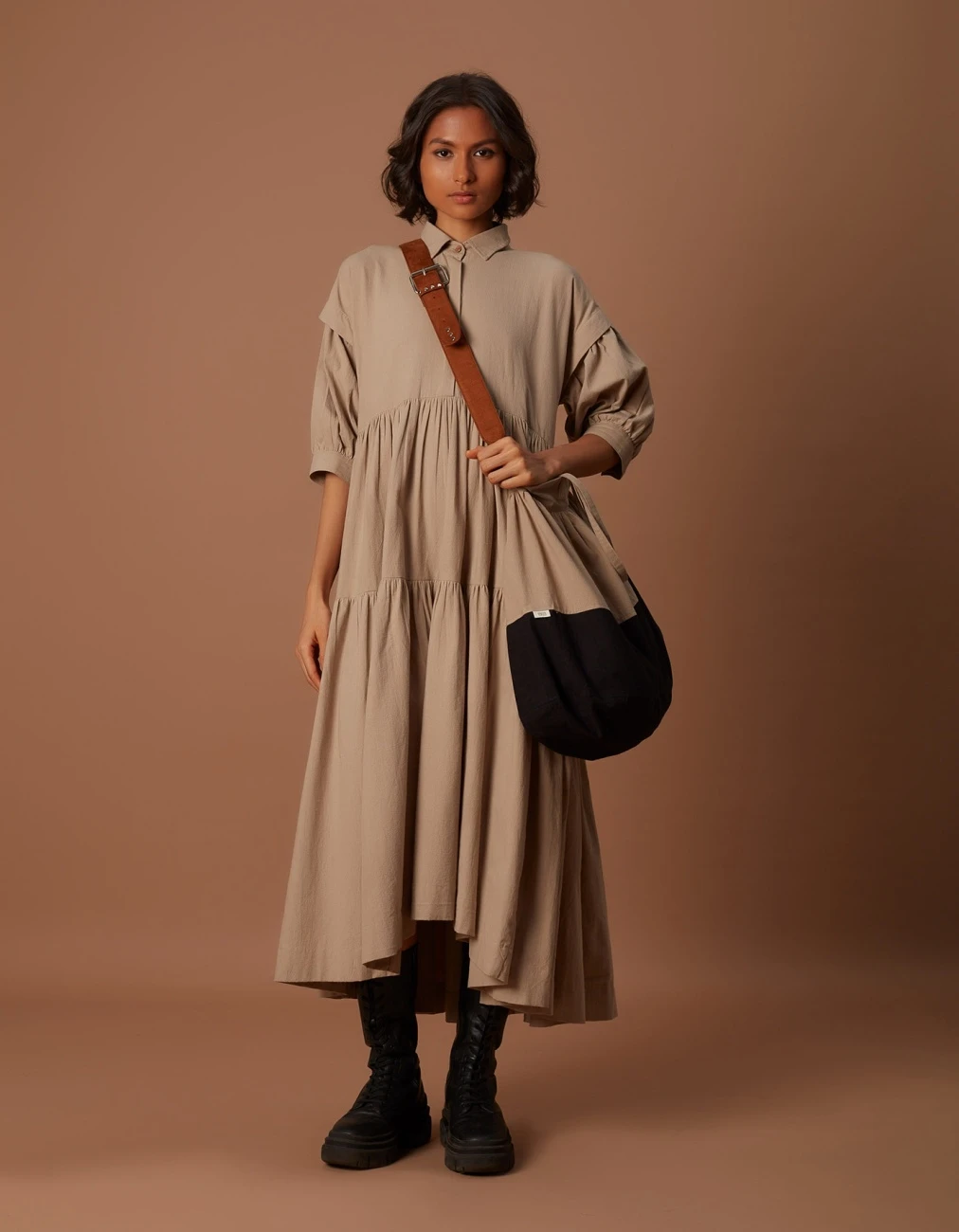 Beige Tiered Shirt Dress 6 Beige Tiered Shirt Dress - Image 4