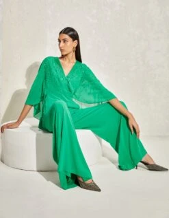 Kelly Green Metallic Quad Batwing Jumpsuit -Charmers Shop njd12623