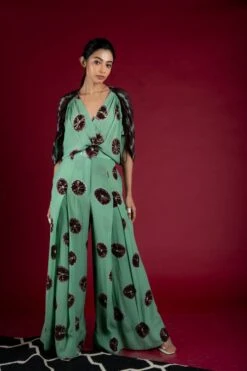 Sage-Green And Brown Kaftan Box Pleated Jumpsuit