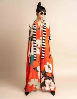 Tangerine Print On Crepe Sash Kaftan Jumpsuit