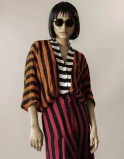 Tangerine & Magenta Stripes Print On Crepe Kimono Ss Jumpsuit -Charmers Shop nkrs24033tngmgt4