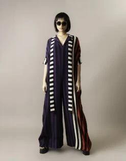 Aubergine & Tangerine Stripes Print On Crepe Kaftan Jumpsuit