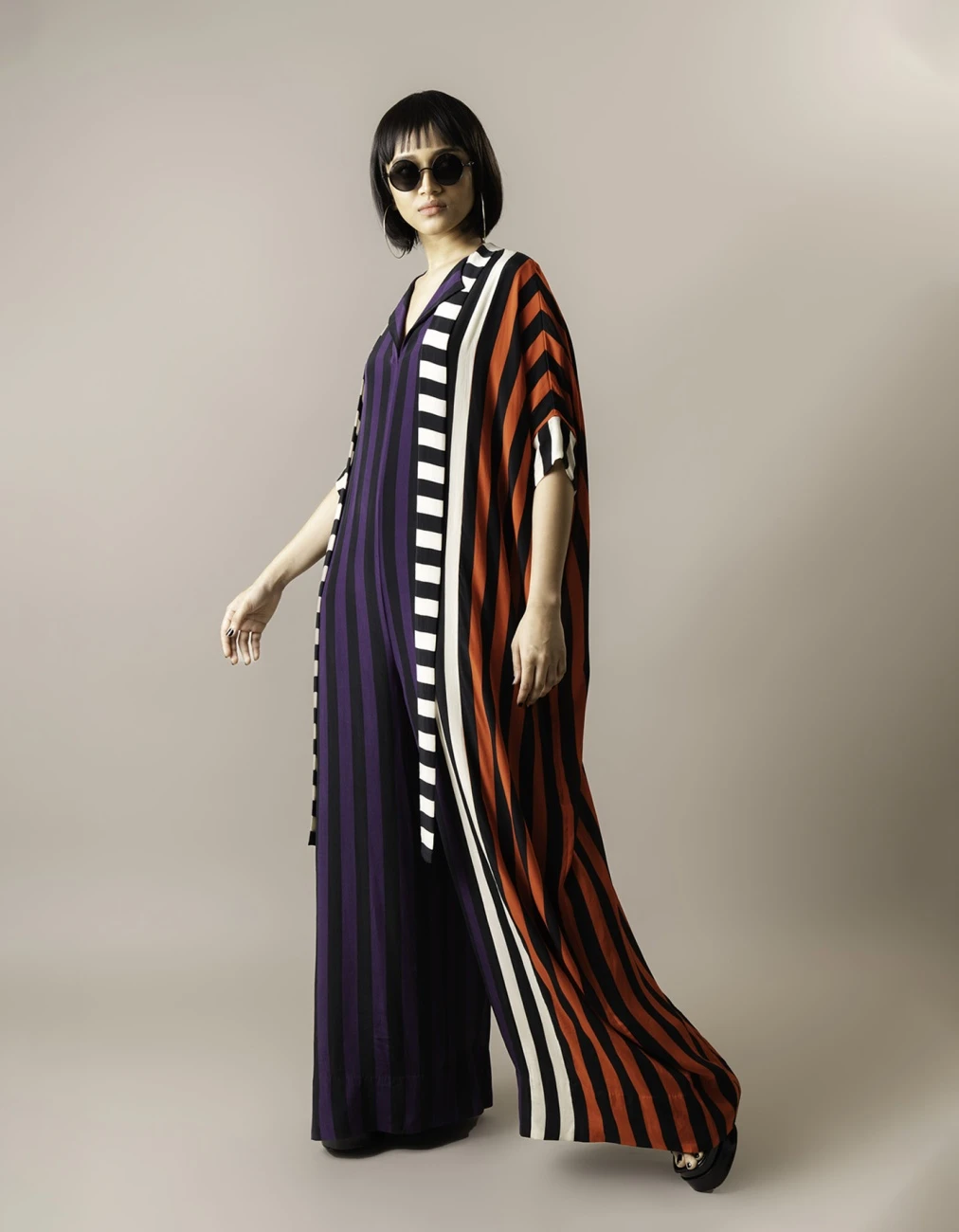 Aubergine & Tangerine Stripes Print On Crepe Kaftan Jumpsuit 4 Aubergine & Tangerine Stripes Print On Crepe Kaftan Jumpsuit - Image 2