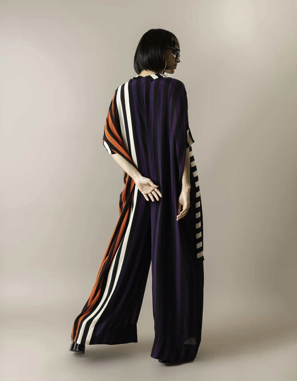 Aubergine & Tangerine Stripes Print On Crepe Kaftan Jumpsuit 5 Aubergine & Tangerine Stripes Print On Crepe Kaftan Jumpsuit - Image 3
