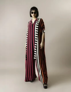 Magenta Stripes Print On Crepe Kaftan Jumpsuit