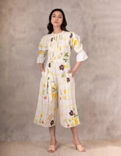 Hand Block Floral Jumpsuit In Linen -Charmers Shop pf22jm293
