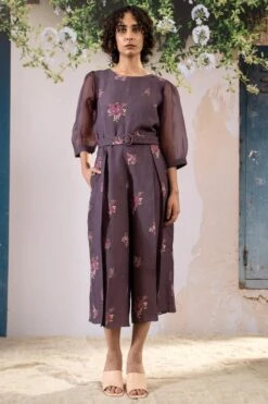 Lavender Rosette Print Jumpsuit With Puff Sleeves