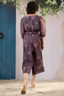 Lavender Rosette Print Jumpsuit With Puff Sleeves -Charmers Shop pf23j30b