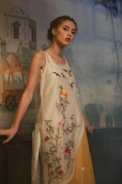 Ivory And Yellow Handwoven Silk Chanderi Dress