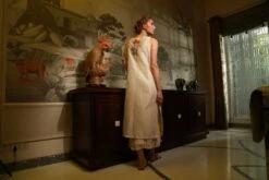 Ivory And Yellow Handwoven Silk Chanderi Dress -Charmers Shop ppss181809 b