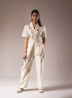 Ivory Silk Chanderi With Floral & Dabka Embroidery Jumpsuit